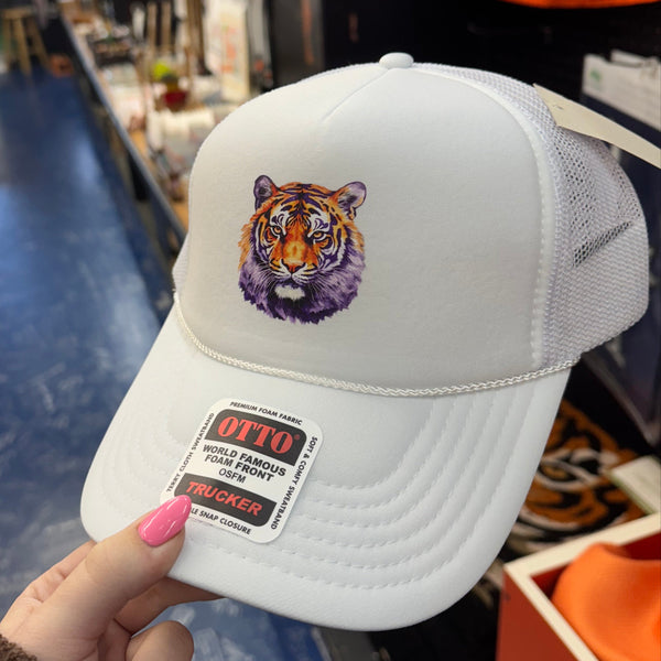 Women's White Trucker Hat with Watercolor Tiger