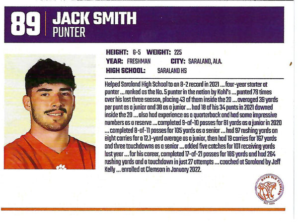 Jack Smith Signed Dear Old Clemson Freshman Card