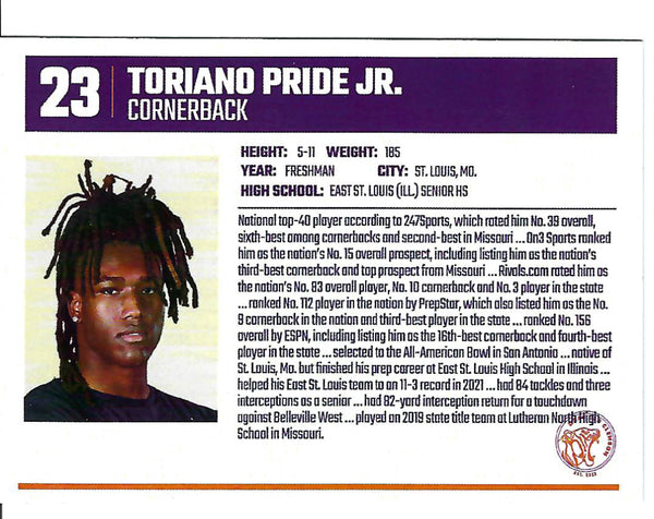 Toriano Pride Freshman Football Card