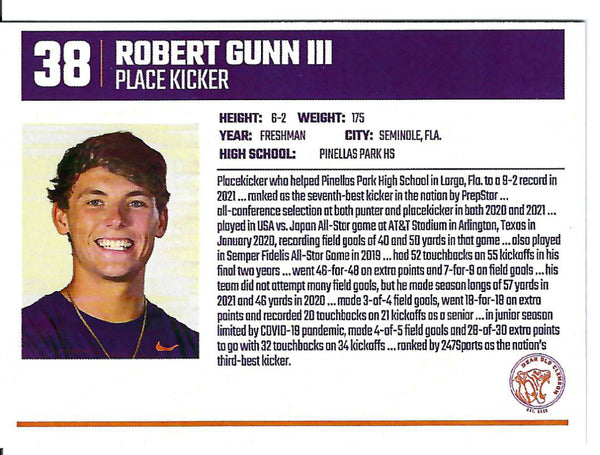 Robert Gunn III Freshman Card