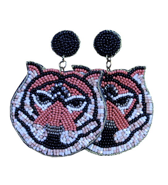 Tiger Earrings - Large Beaded Tiger Face