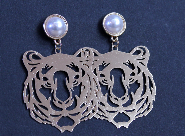 Tiger Earrings - Tiger Face with Pearl