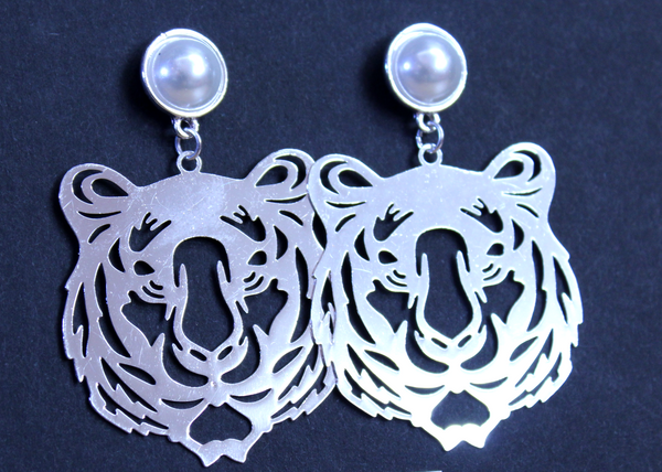 Tiger Earrings - Tiger Face with Pearl