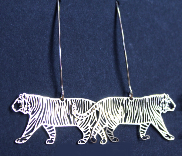 Tiger Earrings - Stalking Filigree Tiger in Gold or Silver